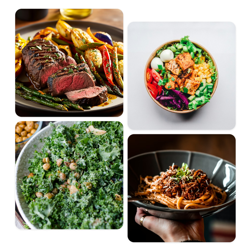 Delicious recipes: grilled steak with vegetables, colorful buddha bowl, fresh kale salad, and hearty pasta
